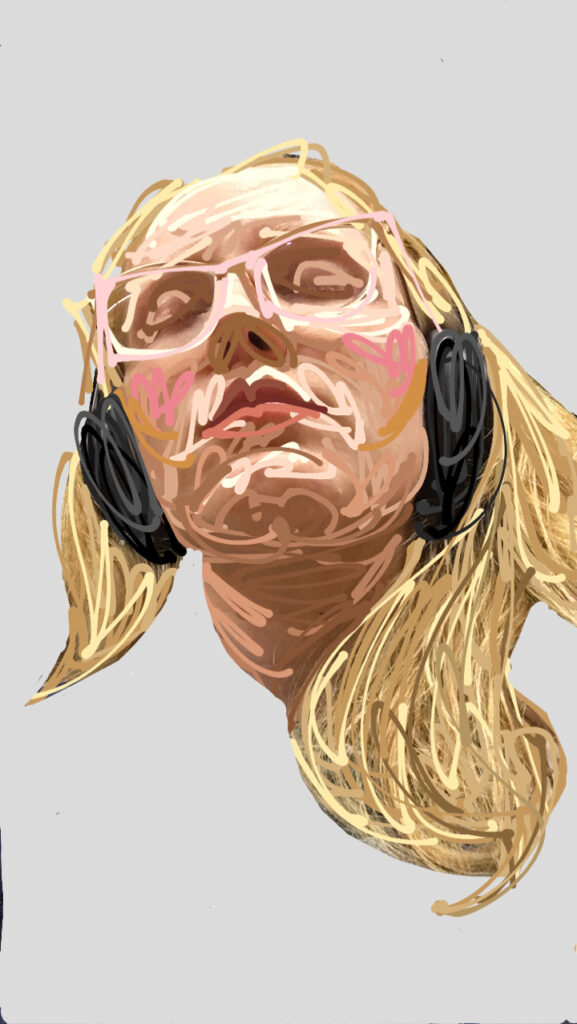 A scribbled drawing of Ally, a white woman with pink glasses and long blonde hair. Ally is closing her eyes while listening to over-ear headphones.
